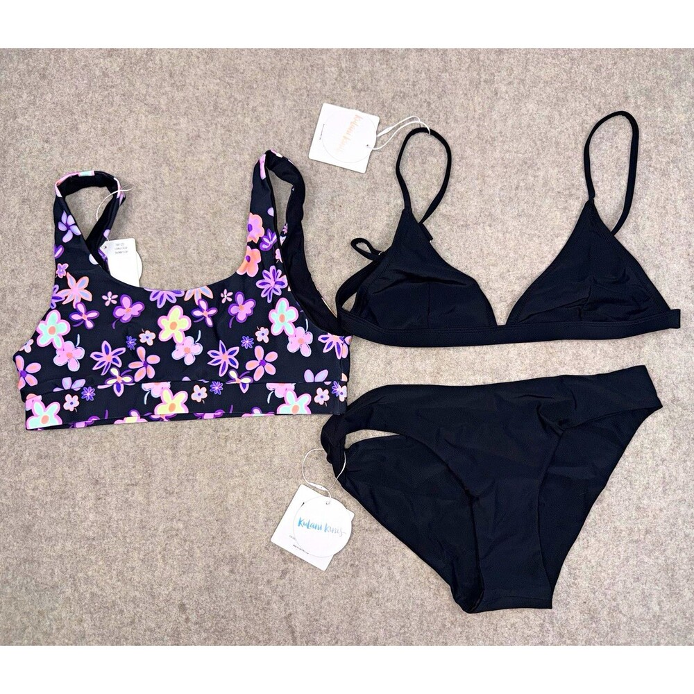 Kulani Kinis Women’s Bikini Set M 3pc Black Floral Crop Top + Bikini + Bra